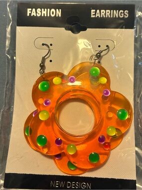 Orange Flower Drop Earrings with Neon Dots